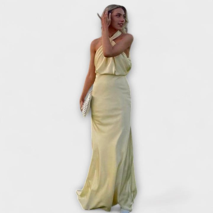Elegantní halter maxi šaty letní žluté dámské