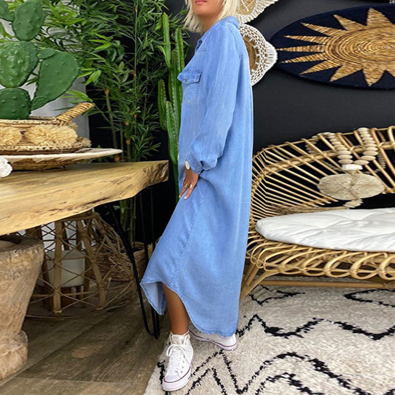 Anetta | Dlouhý rukáv maxi šaty z denimového materiálu