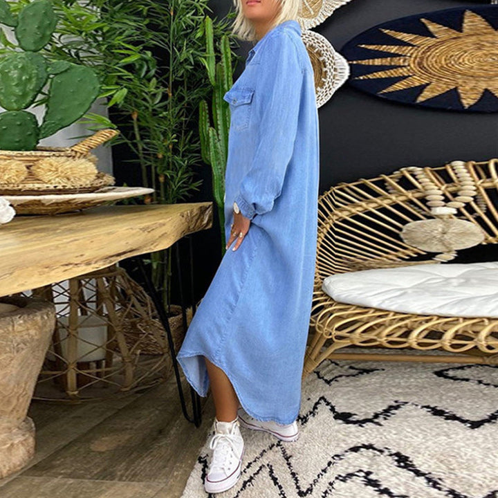 Anetta | Dlouhý rukáv maxi šaty z denimového materiálu