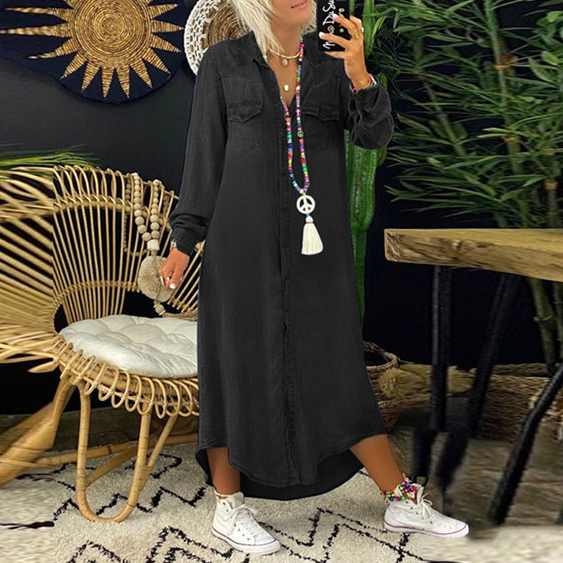 Anetta | Dlouhý rukáv maxi šaty z denimového materiálu