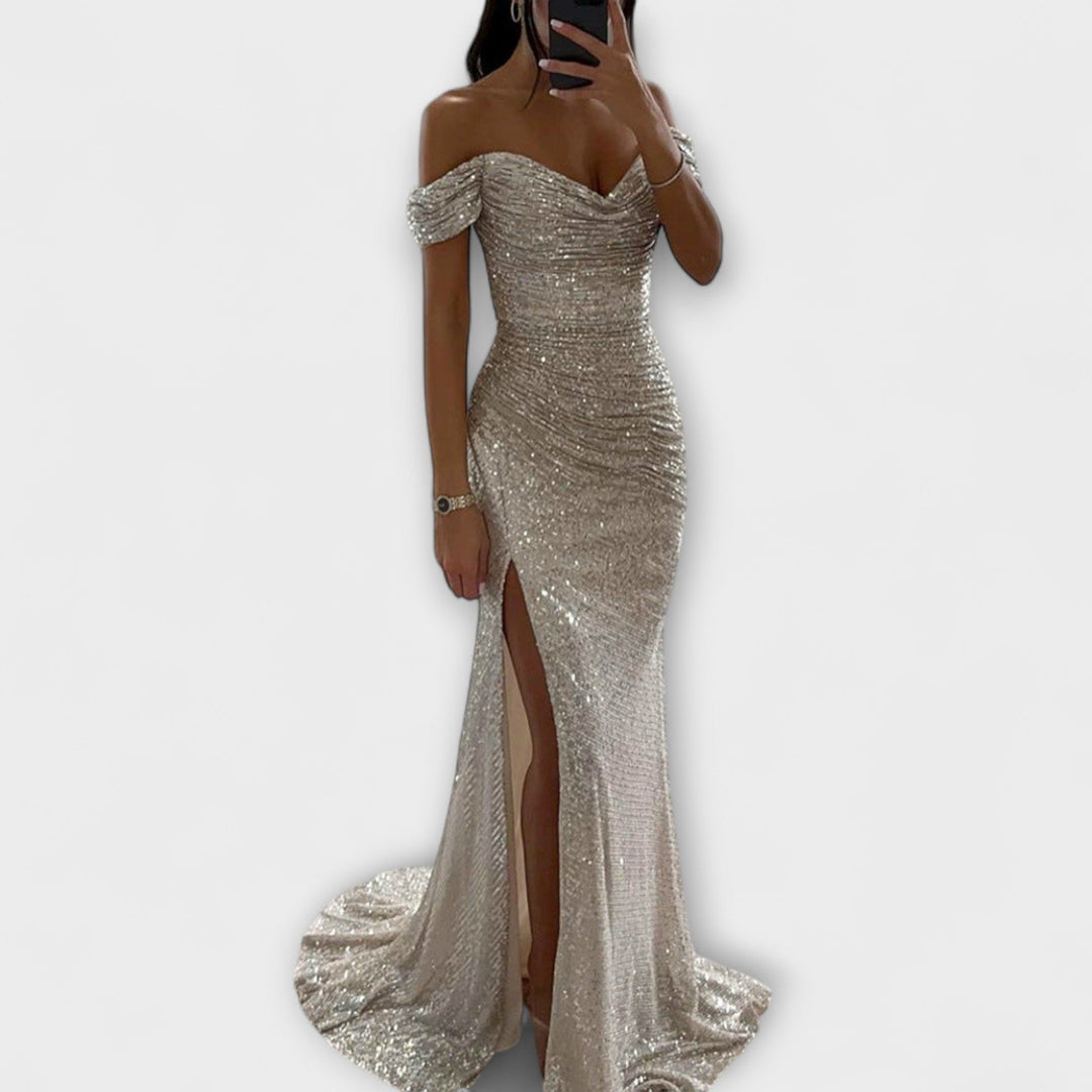 Letní Večerní Šaty pro Ženy – bezramenné Glitrové Maxi-šaty s Rozparkem pro Svatební a Oslavní Příležitosti
