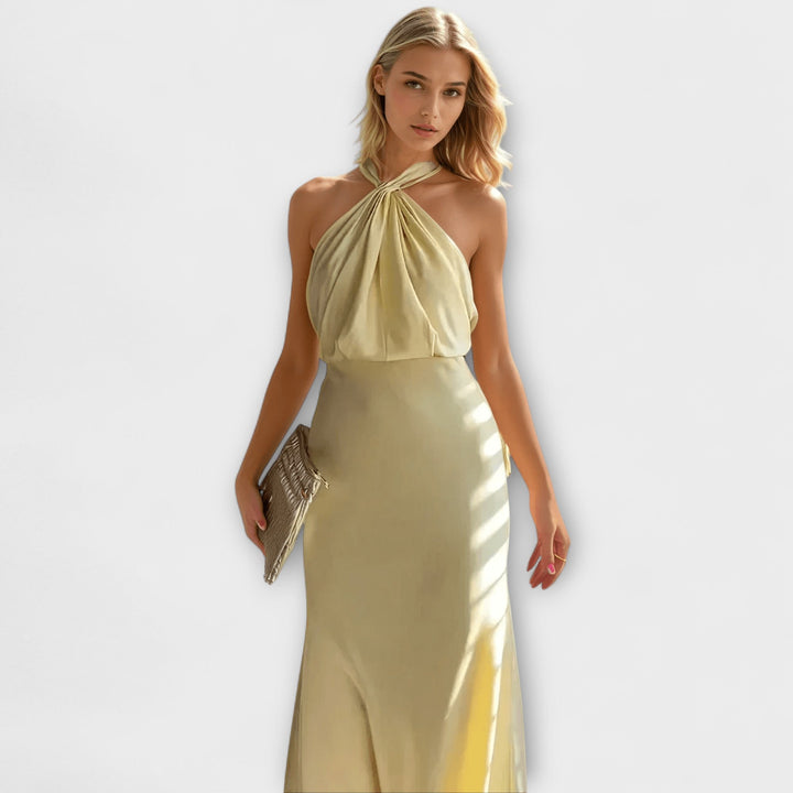 Elegantní halter maxi šaty letní žluté dámské