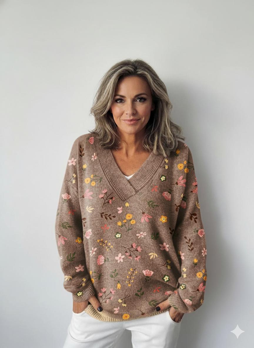 Květinový umělecký potisk Pletený svetr s výstřihem do V