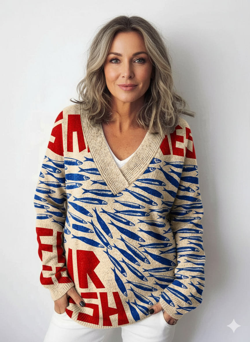 Vintage rybí sardinky umělecký tisk pletený svetr s výstřihem do V