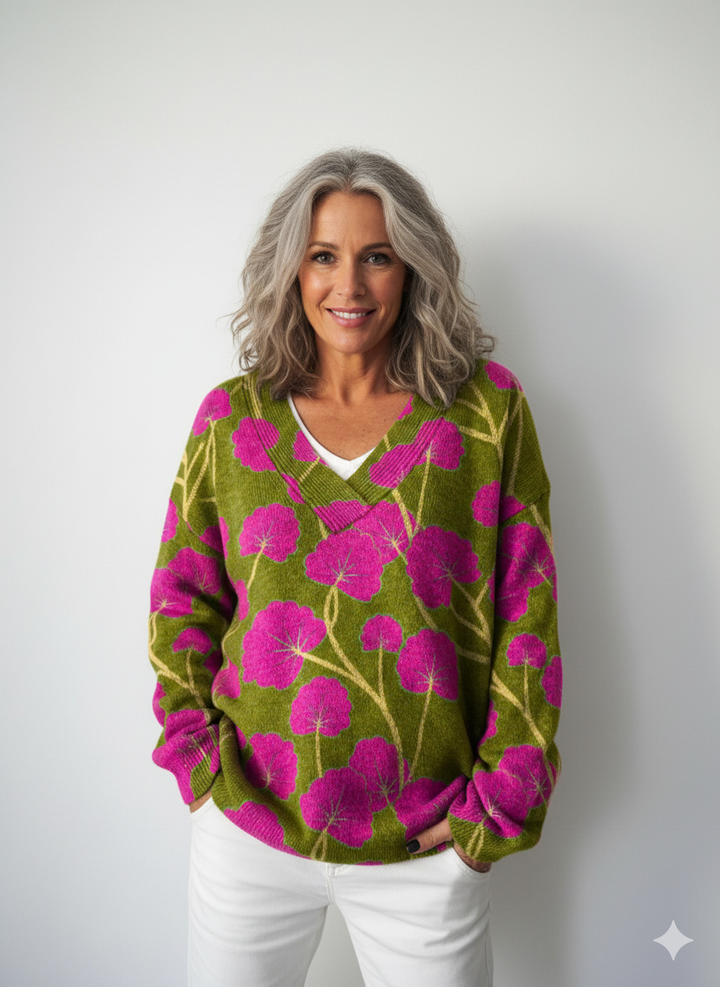 Vintage květinový umělecký tisk pletený svetr s výstřihem do V