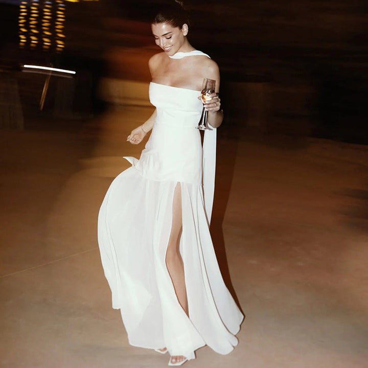 Ariadne – Bezramínkové maxi šaty s patchworkovou síťovinou a asymetrickým střihem