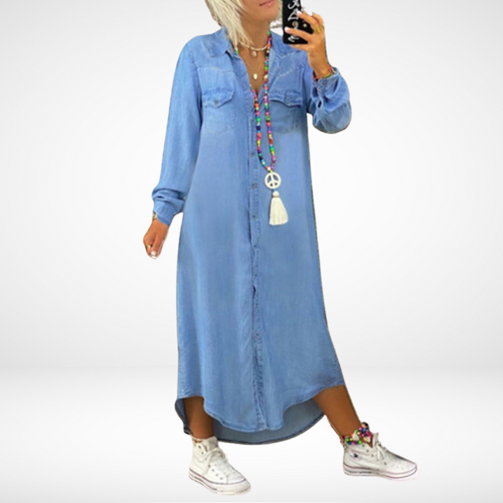 Anetta | Dlouhý rukáv maxi šaty z denimového materiálu