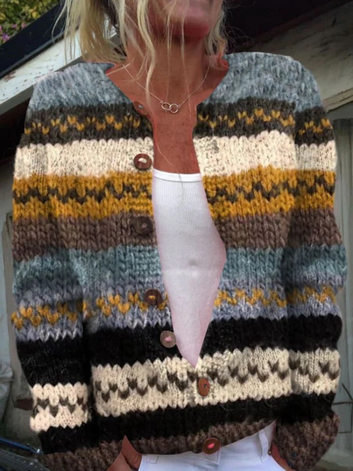 Pruhovaný vzor s bloky barev na knoflíky cardigan sweater