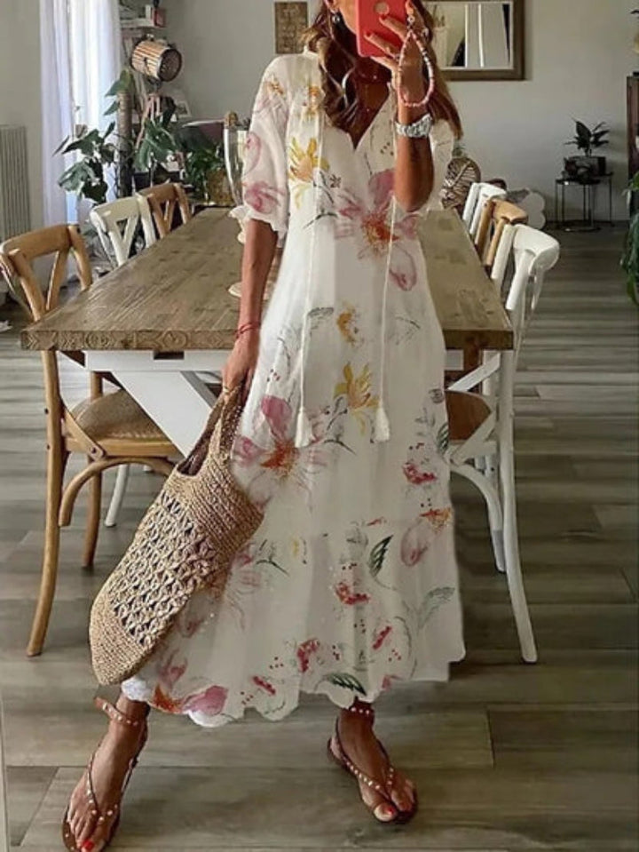 Jana - Boho Vintage V-krční tištěné šaty