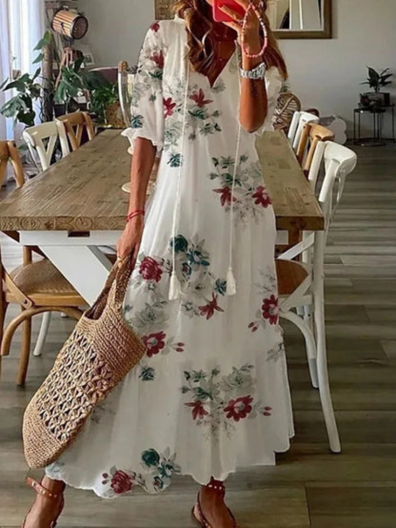 Jana - Boho Vintage V-krční tištěné šaty